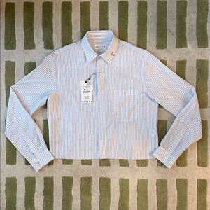 Zara Men's Light Blue and White Striped Shirt